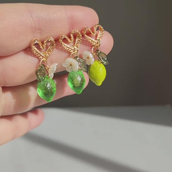 Sweet lime with lace heart stud earrings, Lime fruit food earrings, Gift for her