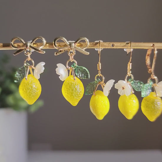 Lemon earrings, Glass lemon dangle earrings, fruit lemon earrings, food earrings, gift for her