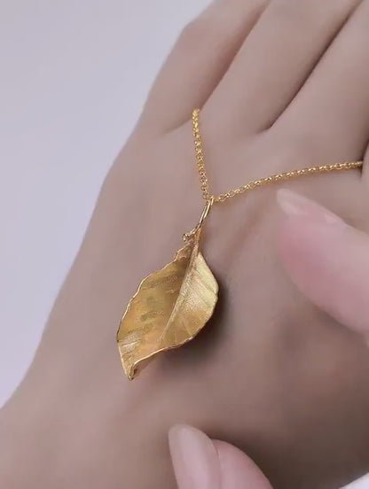 Autumn leaf necklace, Gold and silver leaf neckace