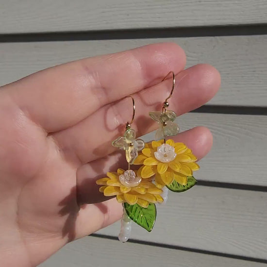 Chamomile dangle earrings, Chrysanthemum flower and butterfly earrings, gift for her