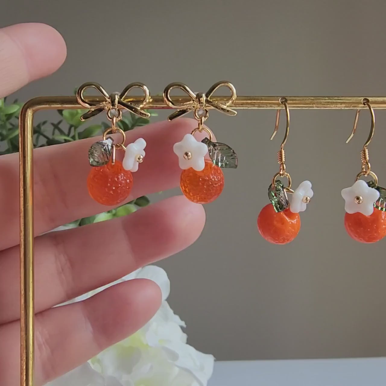 Orange earrings, Czech glass orange earrings, fruit dangle earrings