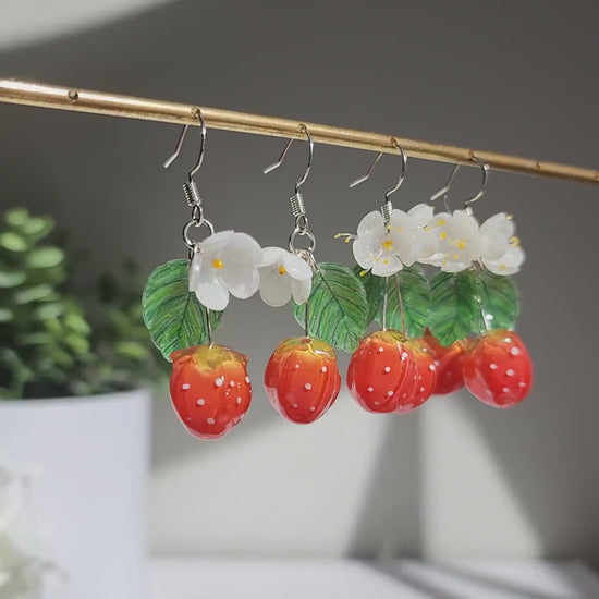 Strawberry 3D flower earrings, Fruit food earrings, Cottagecore earrings, Gift for her