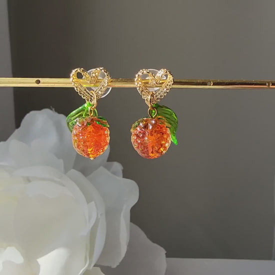 Large orange earrings, Big glass orange dangle earrings, Fruit earrings, Food earrings,gift for her