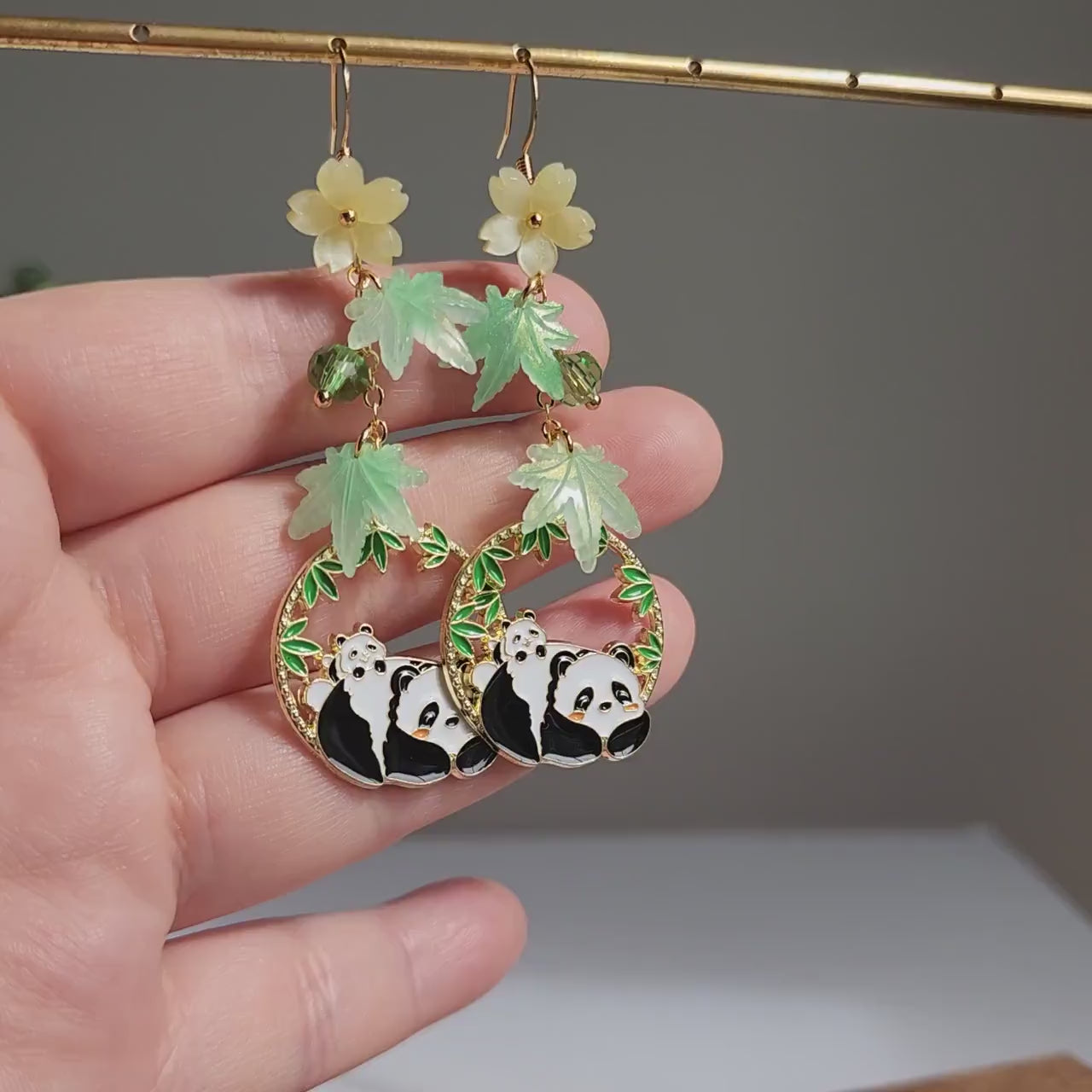 Panda resting under bamboo leaves earrings, panda dangle earrings, animal dangle earrings, gift for her