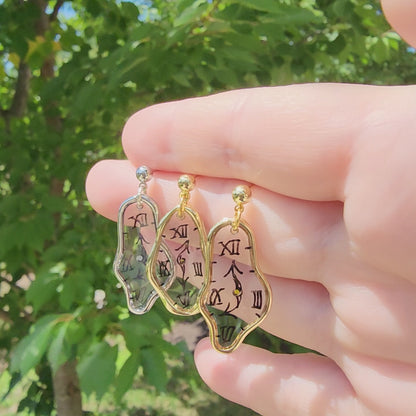 Melting Dali Clock Earrings |Hand-painted Gold and Silver Dali's Soft Watches | Resin Modern Art Earrings