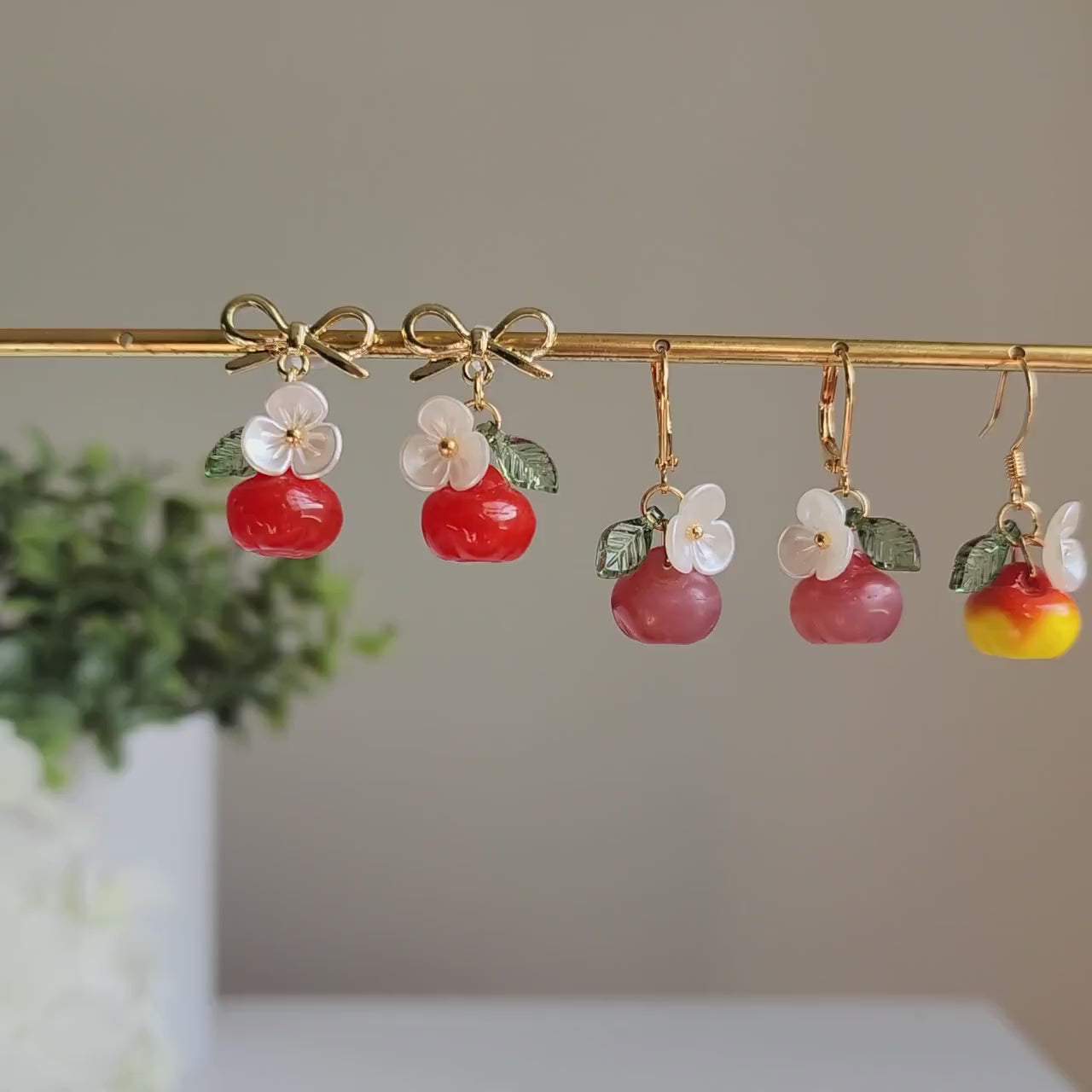 Apple earrings, Glass apple dangle earrings, Fruit earrings, Food earrings, Gift for her