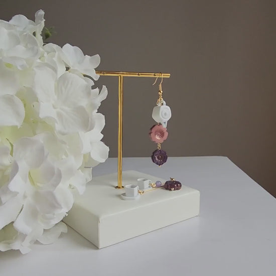 Hibiscus flower tea set earrings, Hibiscus flower dangle earrings, floral tea food earrings, Limited edition
