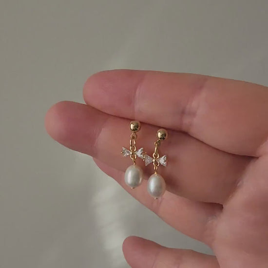 Pearl drop earrings, cute pearl dangle earrings, mini bow pearl earrings, gold earrings, gift for her