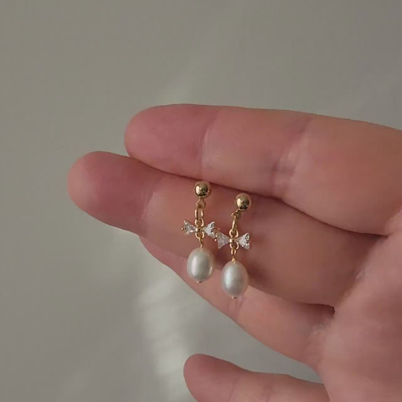 Pearl drop earrings, cute pearl dangle earrings, mini bow pearl earrings, gold earrings, gift for her