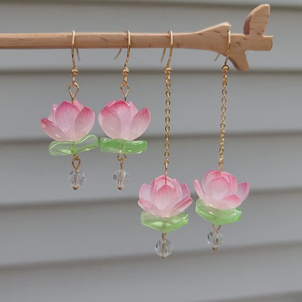 Pink water lily lotus earrings, Floral lily flower dangle earrings, Oriental water lily on lotus leaf earrings, gift for her