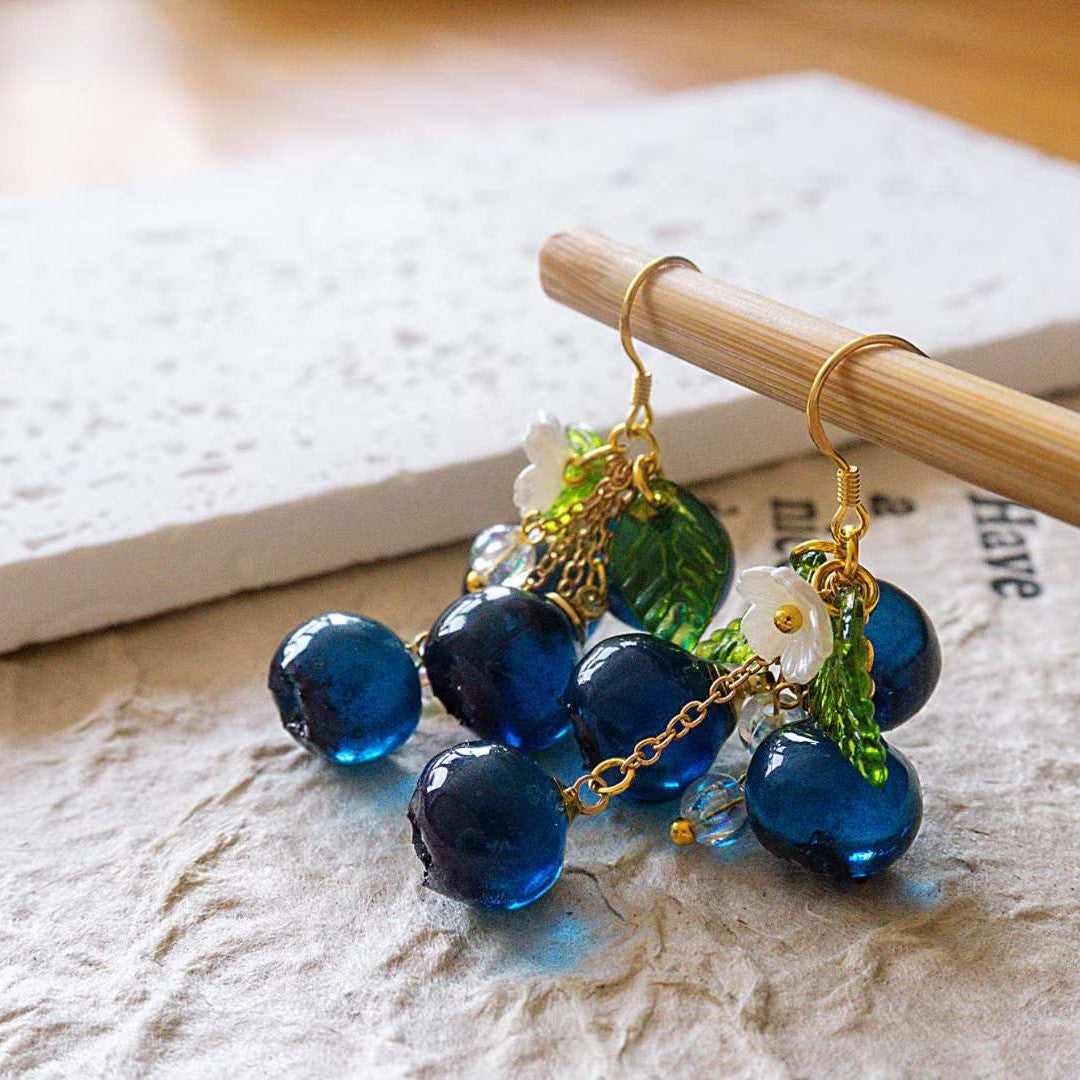 Luxury Blueberry Fruit Cluster Earrings | Handmade Resin Art Blueberry Dangle Earrings