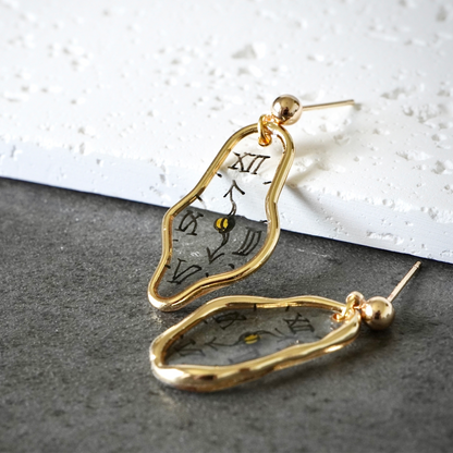 Melting Dali Clock Earrings |Hand-painted Gold and Silver Dali's Soft Watches | Resin Modern Art Earrings