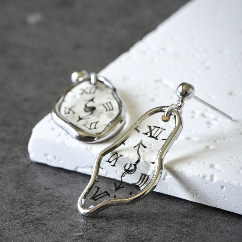 Melting Dali Clock Earrings |Hand-painted Gold and Silver Dali's Soft Watches | Resin Modern Art Earrings