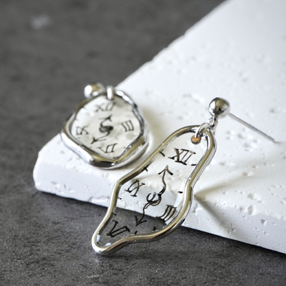 Melting Dali Clock Earrings |Hand-painted Gold and Silver Dali's Soft Watches | Resin Modern Art Earrings