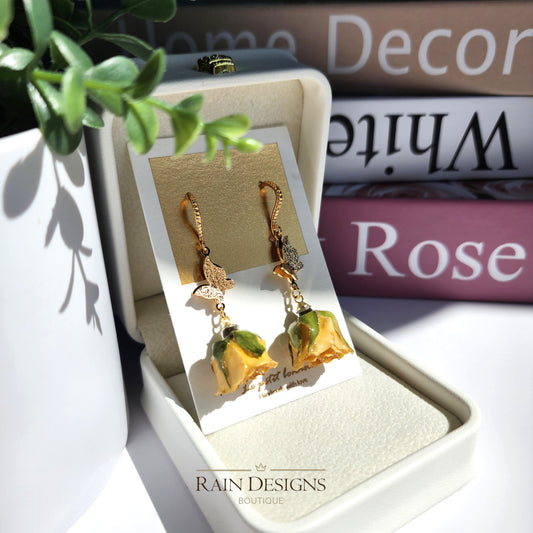 Yellow Rose with Butterfly Earrings