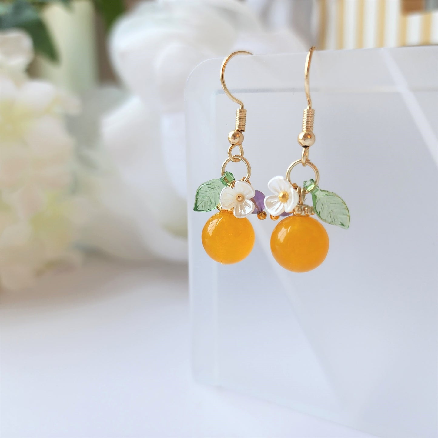 Jade Orange earrings, Natural Jade orange dangle earrings, food earrings, fruit earrings, Gift for her