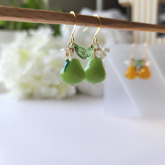 Pear earrings, Glass fruit dangle earrings, Food earrings, gift for her