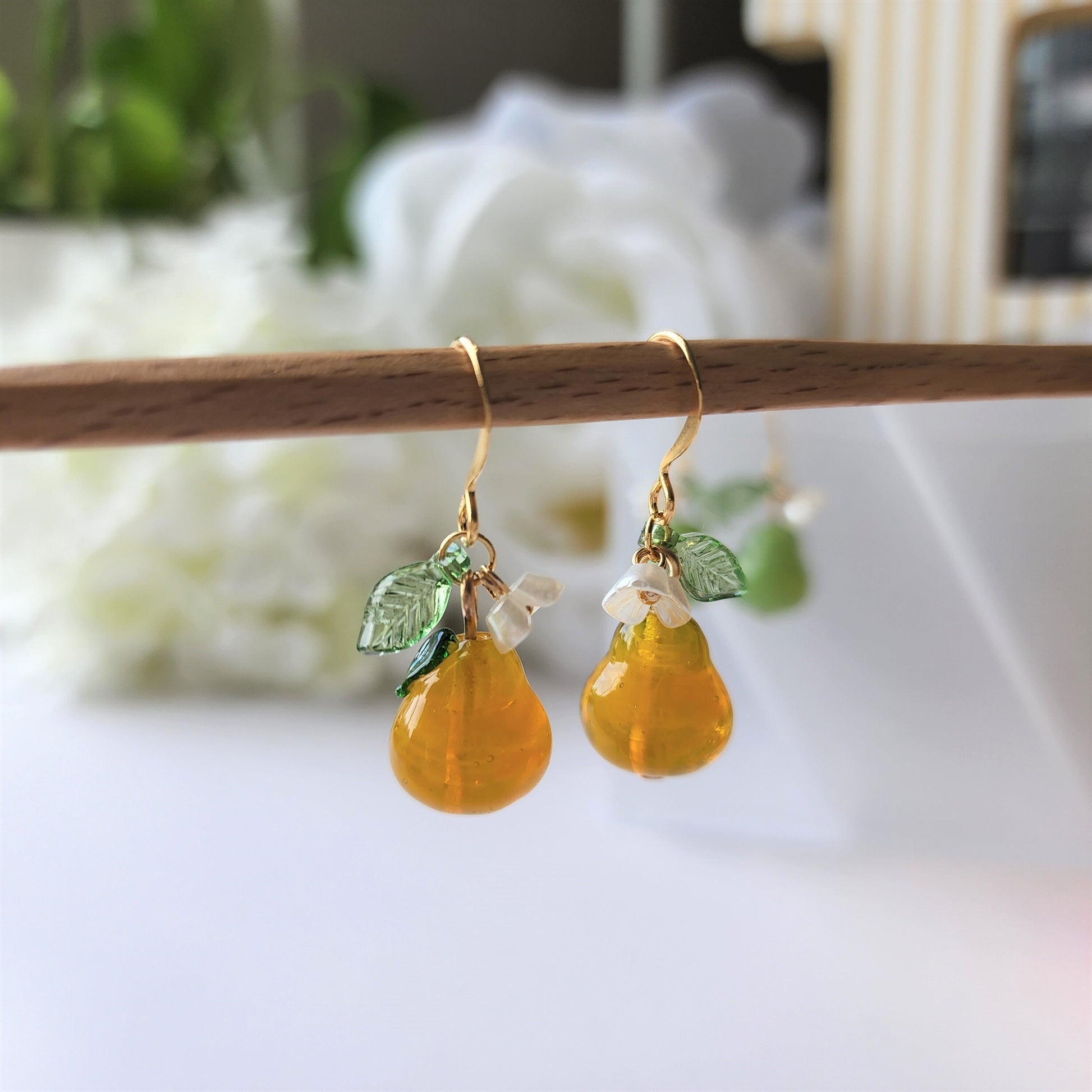 Pear earrings, Glass fruit dangle earrings, Food earrings, gift for her