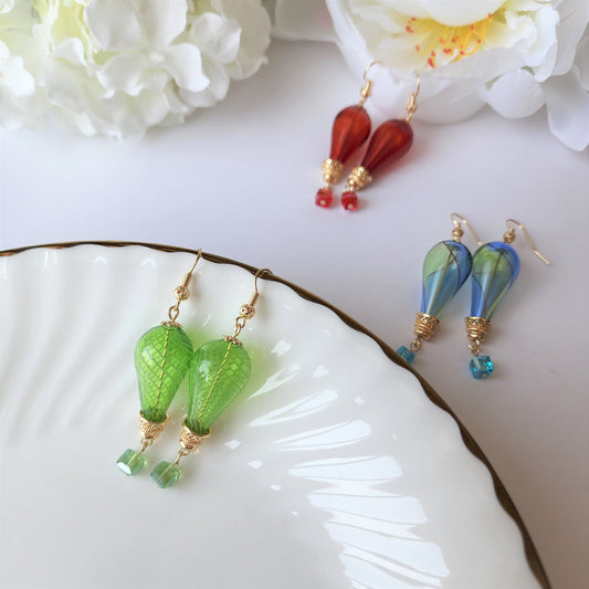 Hot air balloon earrings, glass fly balloon (L size) earrings, colorful glass balloon earrings, drop earrings, gold-plated earring