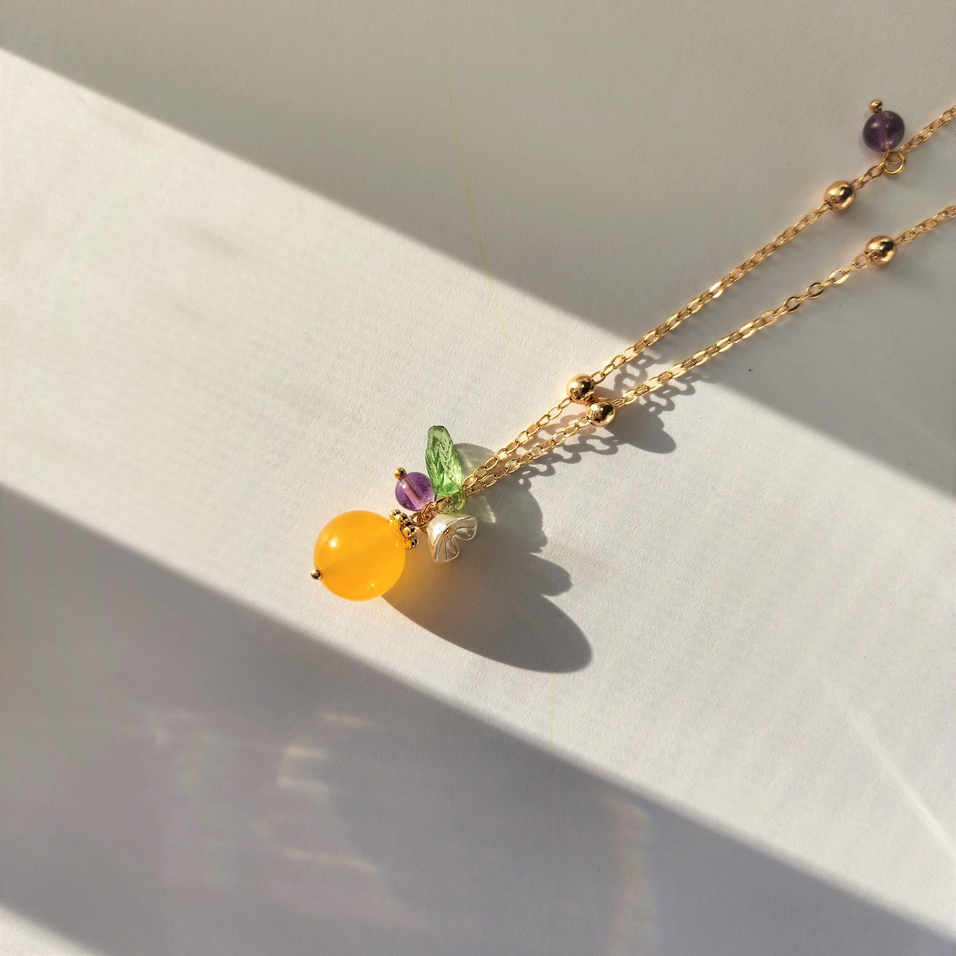 Jade orange necklace, yellow jade necklace, fruit necklace, food necklace, yellow jade and purple amethyst, gift for her