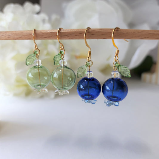 Large blueberry earrings, Bubble glass blueberry drop earrings, Fruit and food earrings, Gift for her