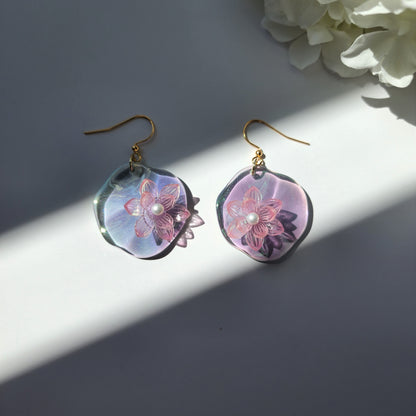 Water lily lotus earrings, floating lily pad and lotus dangle earrings, Lotus flowers on leaf, flower earrings, floral earrings, for her