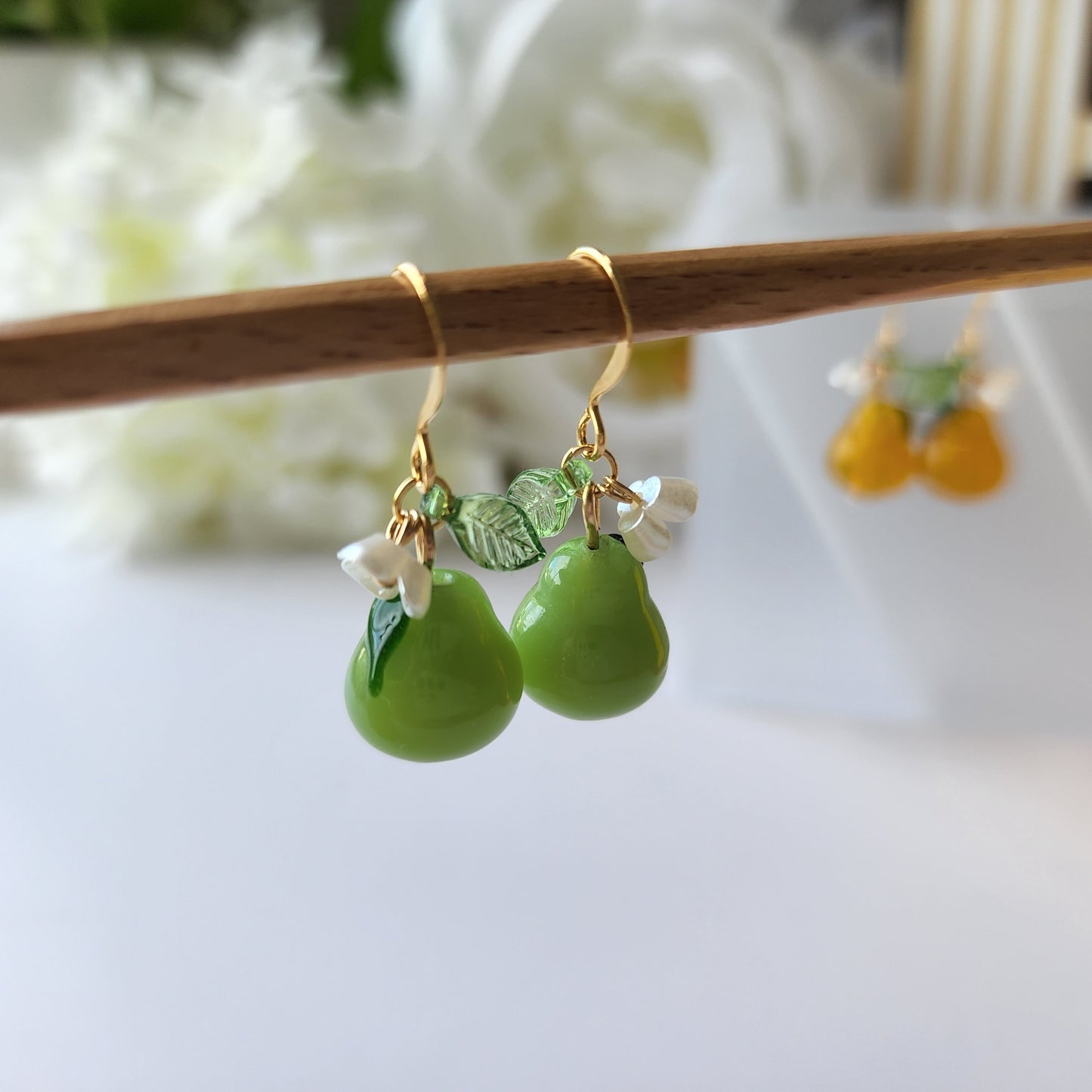 Pear earrings, Glass fruit dangle earrings, Food earrings, gift for her