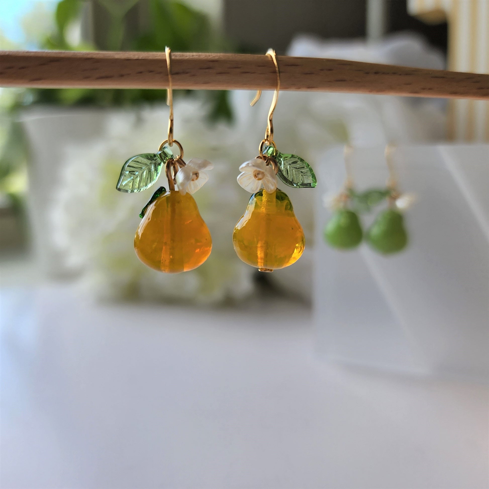 Pear earrings, Glass fruit dangle earrings, Food earrings, gift for her