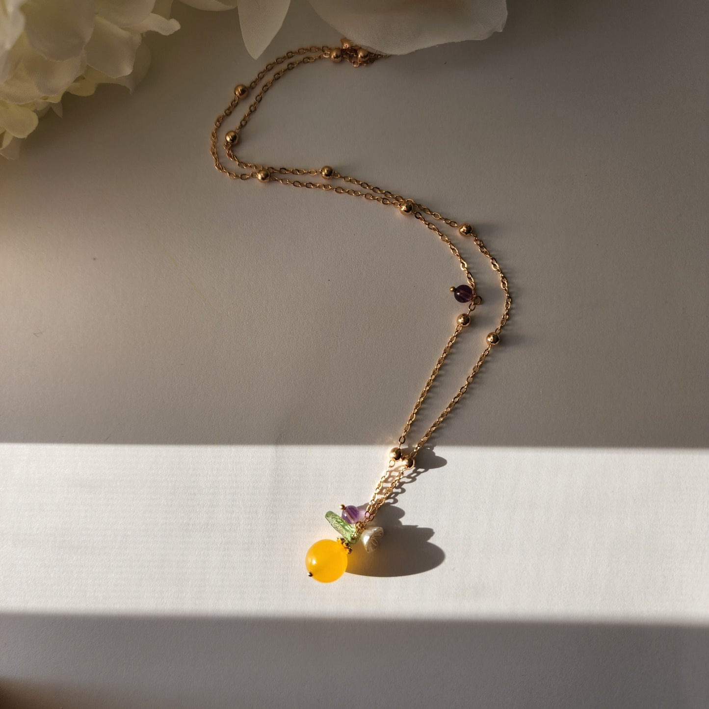 Jade orange necklace, yellow jade necklace, fruit necklace, food necklace, yellow jade and purple amethyst, gift for her