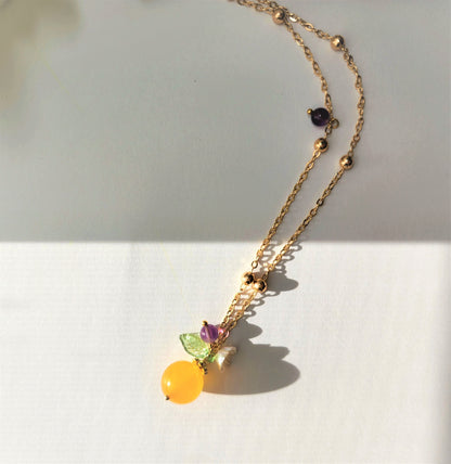 Jade orange necklace, yellow jade necklace, fruit necklace, food necklace, yellow jade and purple amethyst, gift for her