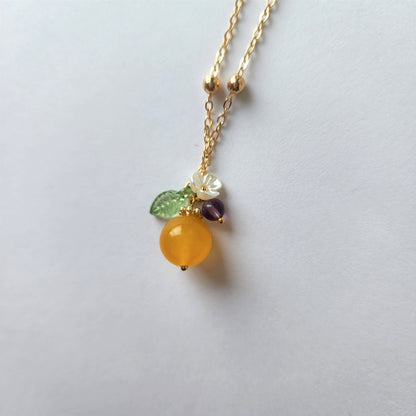 Jade orange necklace, yellow jade necklace, fruit necklace, food necklace, yellow jade and purple amethyst, gift for her