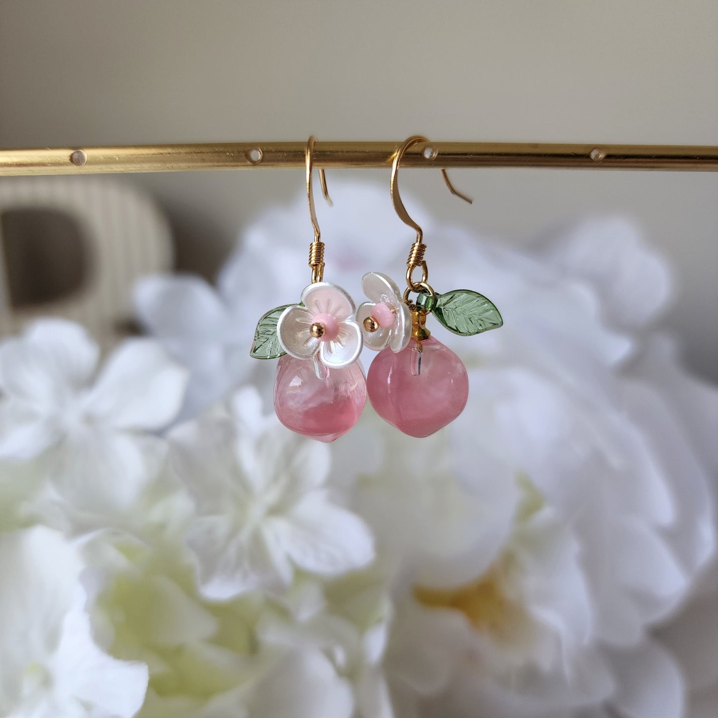 Transparent Peach earrings, soft color peach dangle earrings, fruit earrings, gift for her