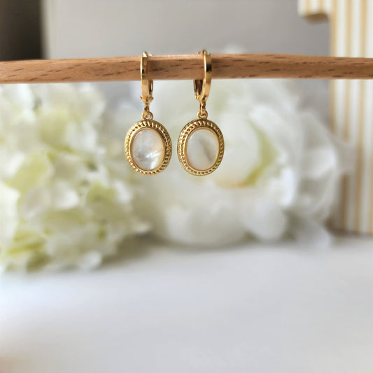 natural mother of pearl huggie earring, oval shell drop earrings, 14k gold plated earring, gift for her