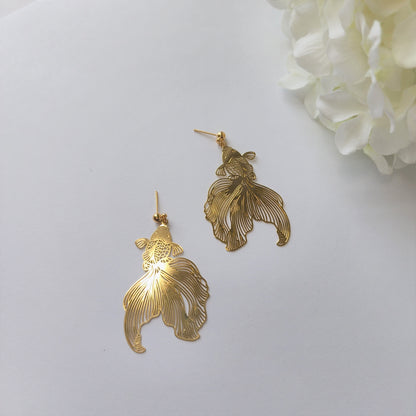 goldfish earrings, 14k gold plated earring hook/stud, animal&floral earrings