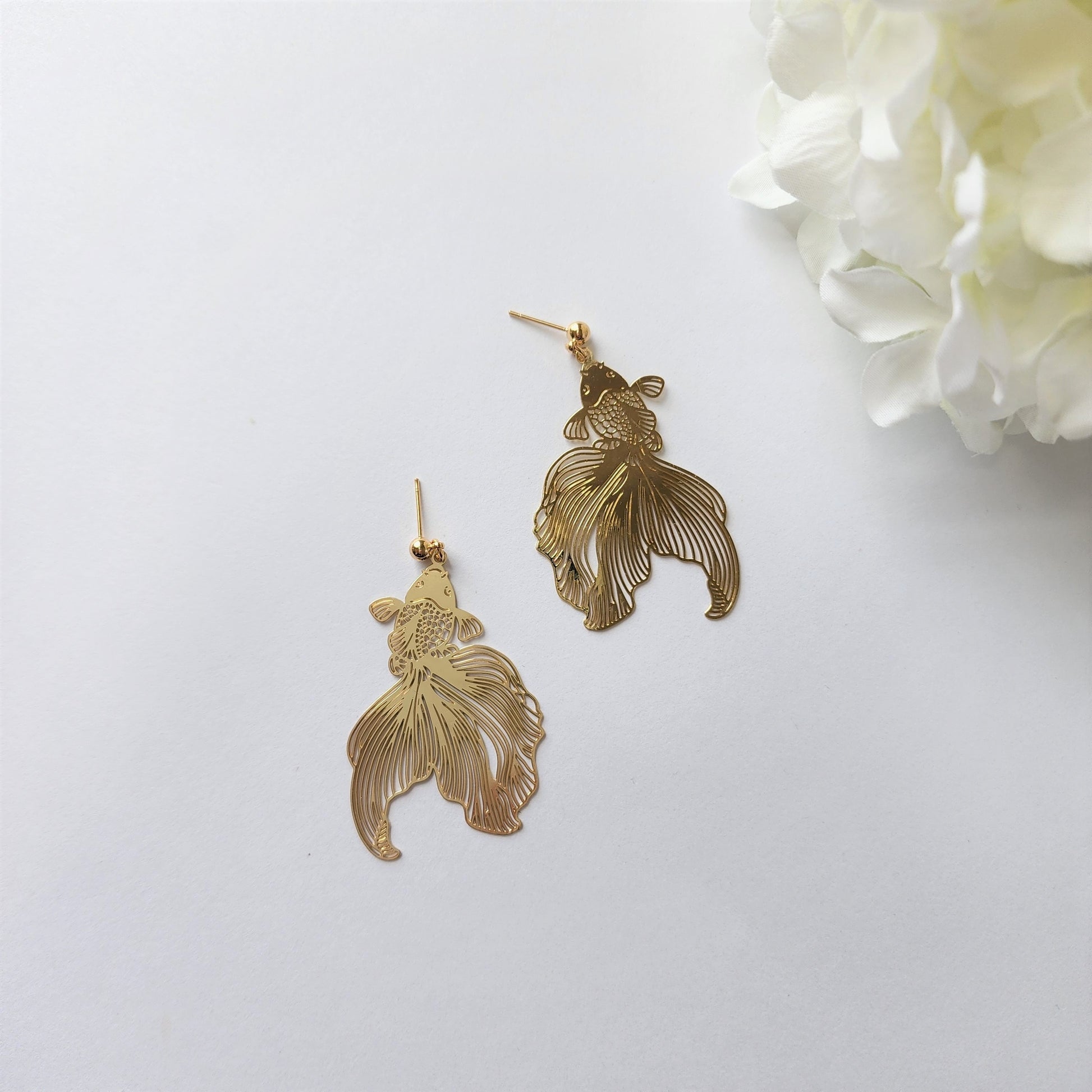 goldfish earrings, 14k gold plated earring hook/stud, animal&floral earrings