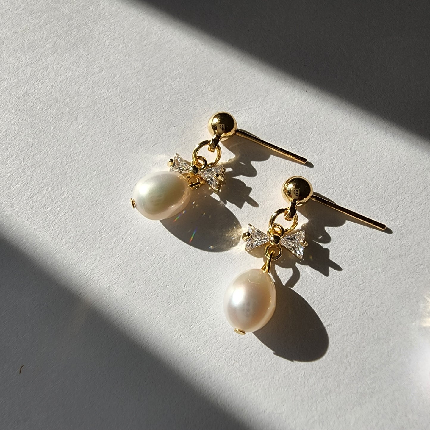 Pearl drop earrings, cute pearl dangle earrings, mini bow pearl earrings, gold earrings, gift for her