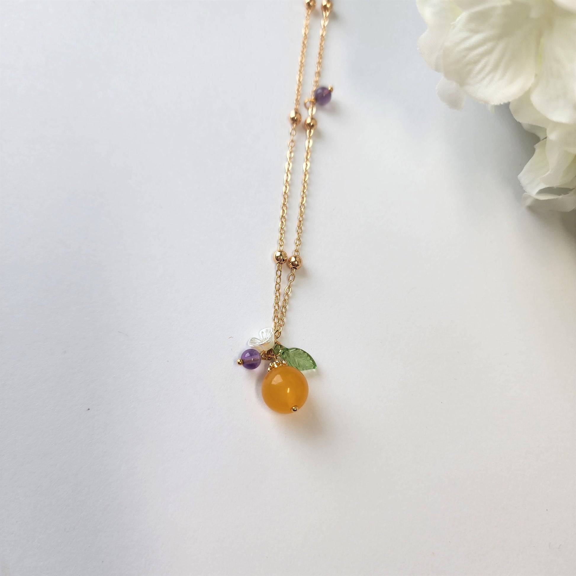 Jade orange necklace, yellow jade necklace, fruit necklace, food necklace, yellow jade and purple amethyst, gift for her