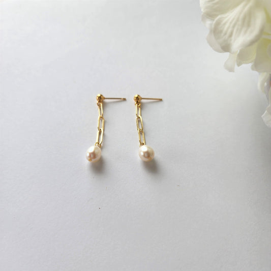 Pearl link chain earrings, small pearl drop earring,14k gold plated, pearl drop earring, gift for her