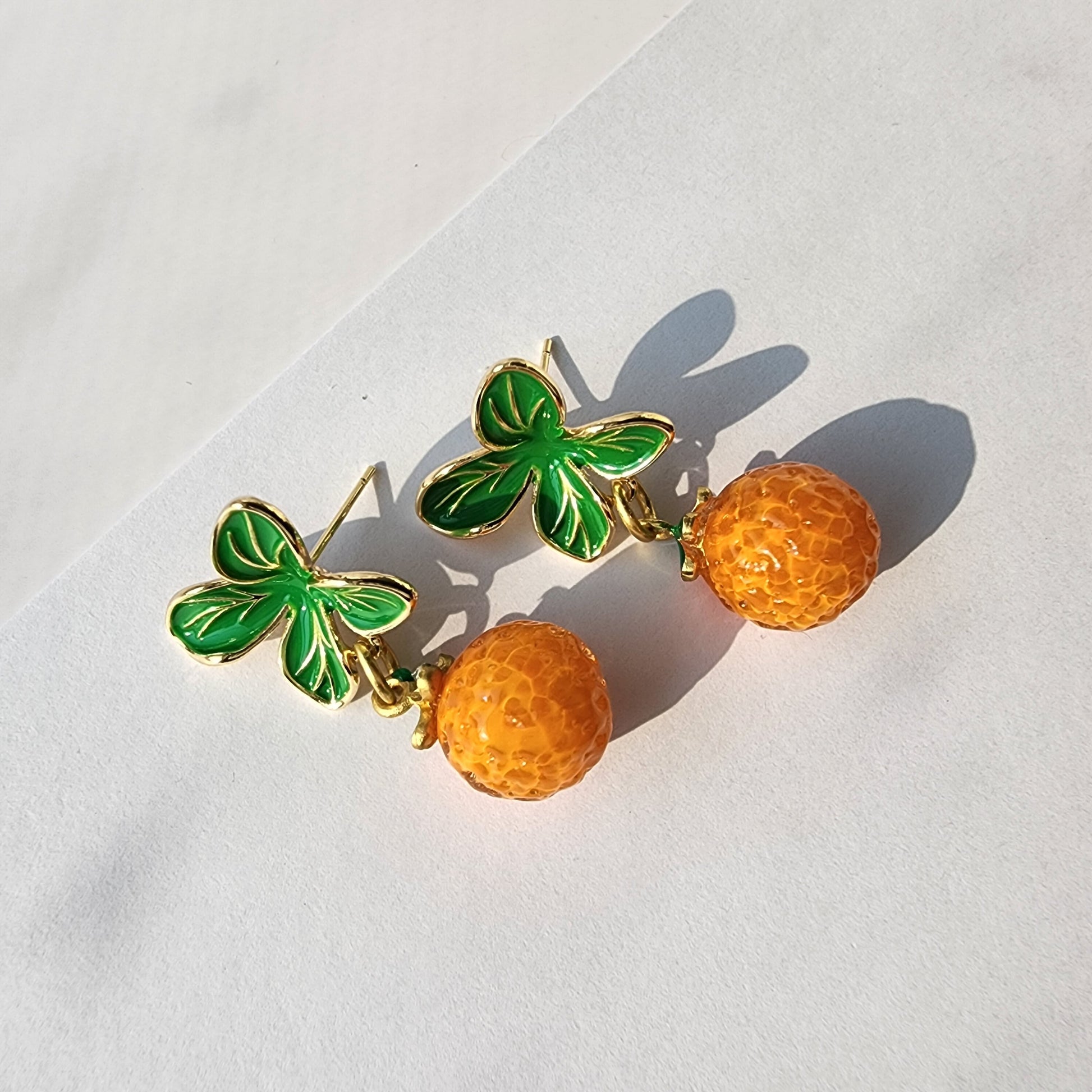 Orange earrings, glass yellow orange mandarin earrings, food earrings, fruit earrings, unique, special cute orange with big leaf