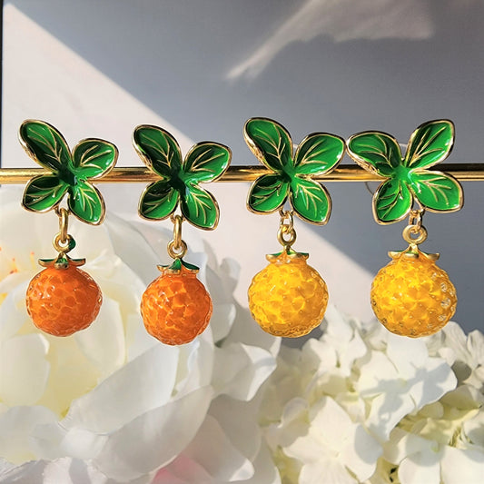 Orange earrings, glass yellow orange mandarin earrings, food earrings, fruit earrings, unique, special cute orange with big leaf