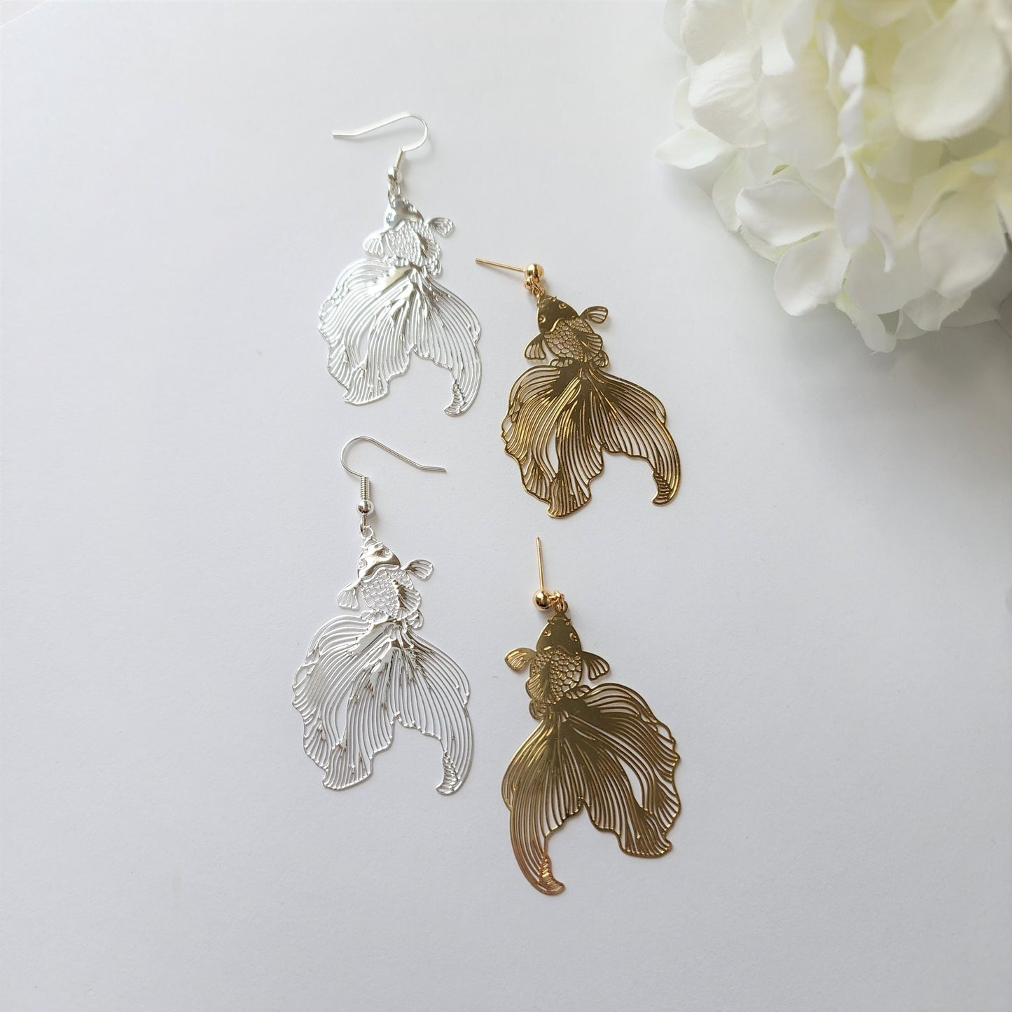 goldfish earrings, 14k gold plated earring hook/stud, animal&floral earrings