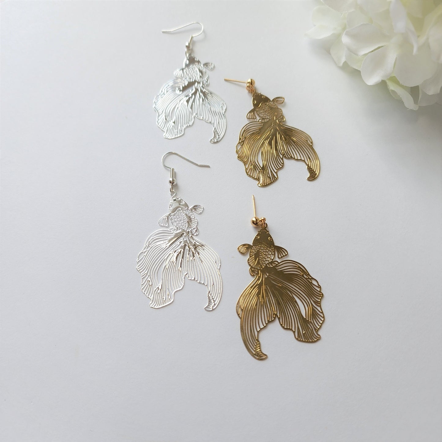 goldfish earrings, 14k gold plated earring hook/stud, animal&floral earrings