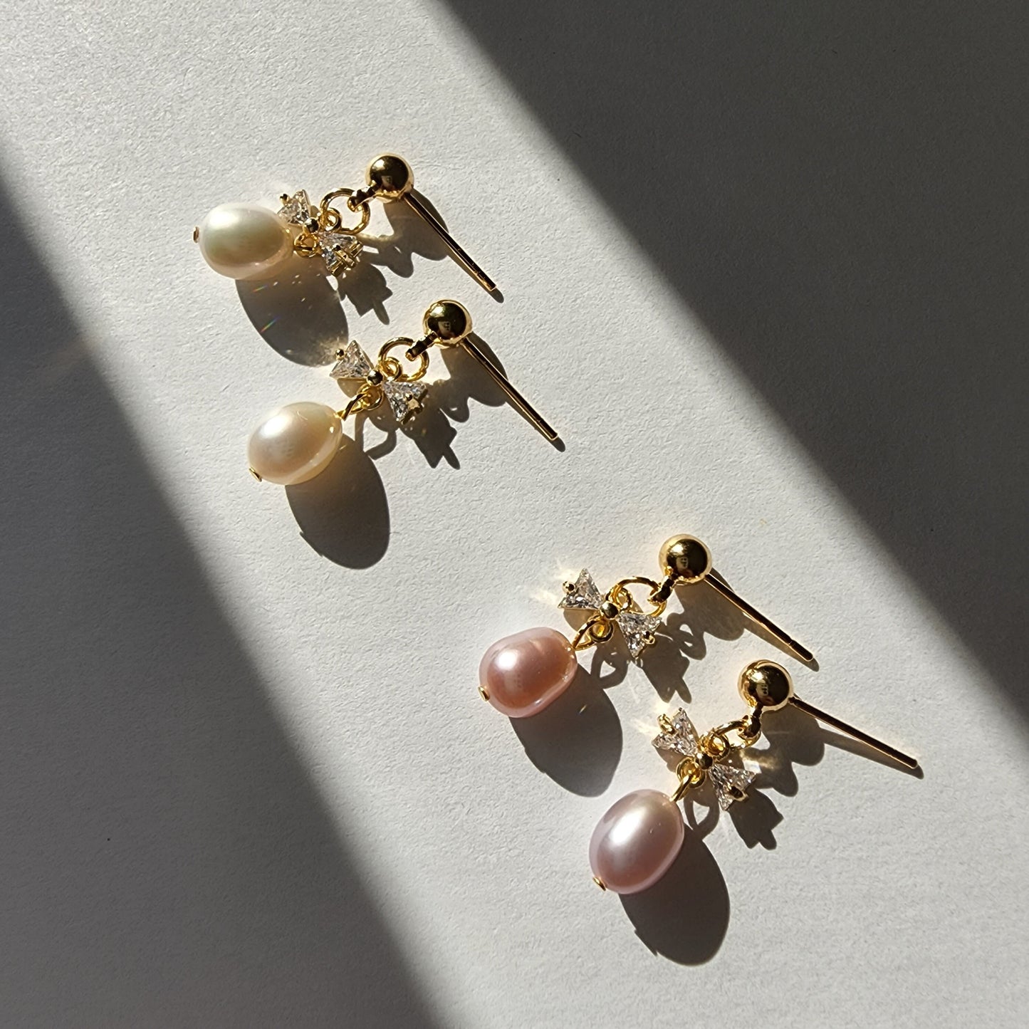 Pearl drop earrings, cute pearl dangle earrings, mini bow pearl earrings, gold earrings, gift for her