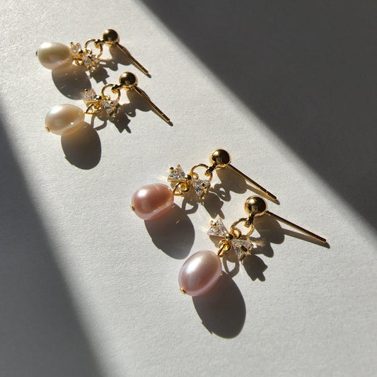 Pearl drop earrings, cute pearl dangle earrings, mini bow pearl earrings, gold earrings, gift for her