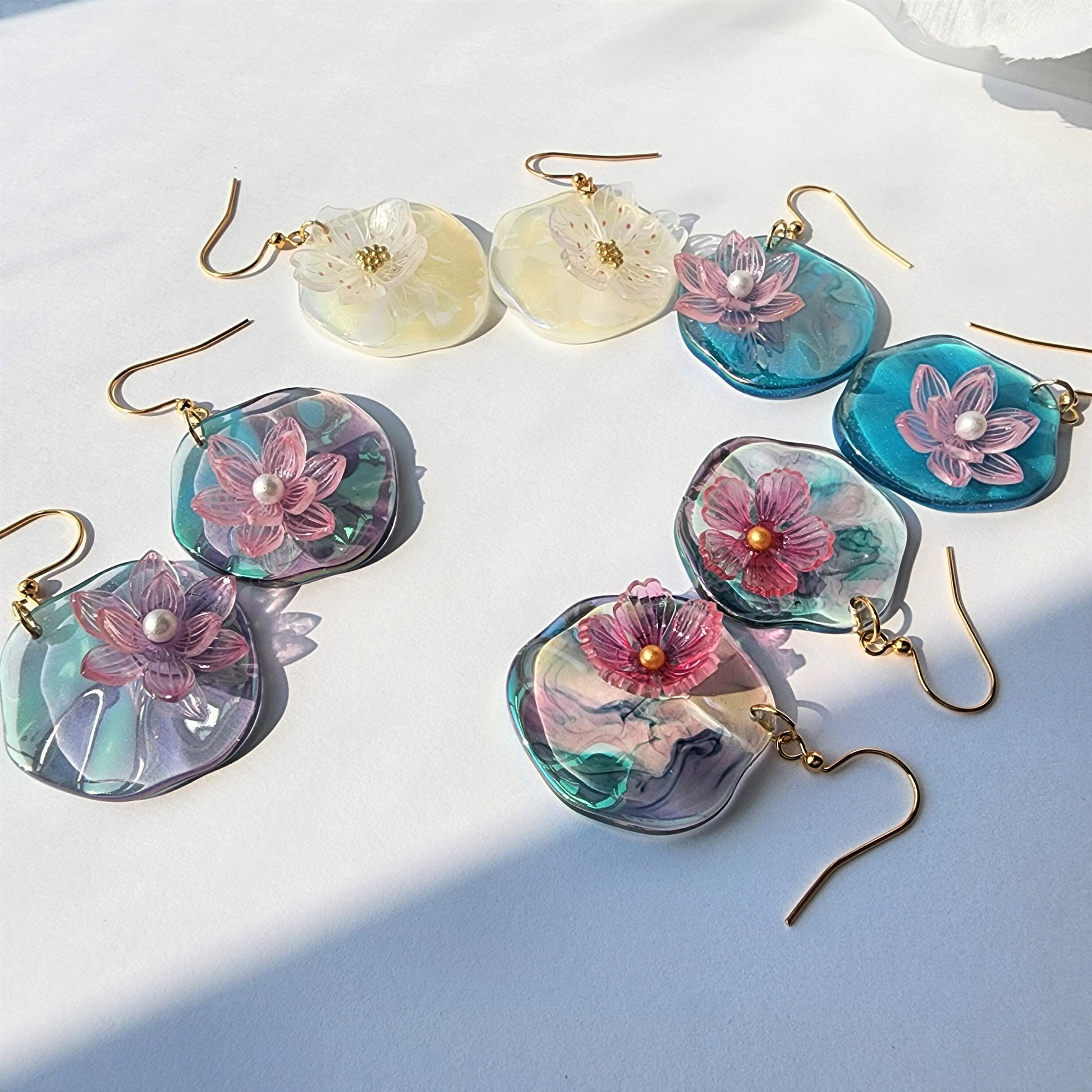 Water lily lotus earrings, floating lily pad and lotus dangle earrings, Lotus flowers on leaf, flower earrings, floral earrings, for her