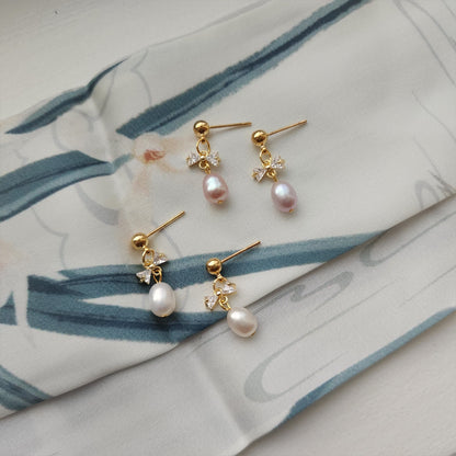 Pearl drop earrings, cute pearl dangle earrings, mini bow pearl earrings, gold earrings, gift for her