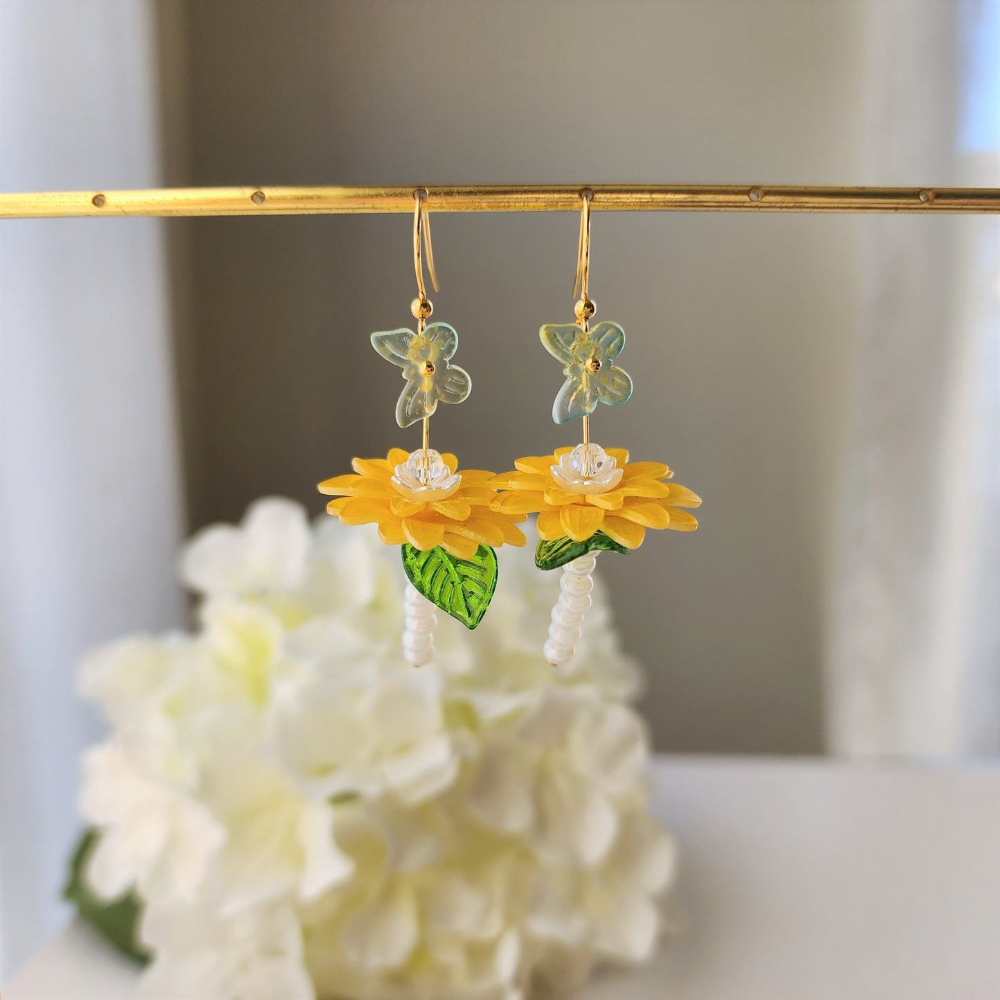 Chamomile dangle earrings, Chrysanthemum flower and butterfly earrings, gift for her