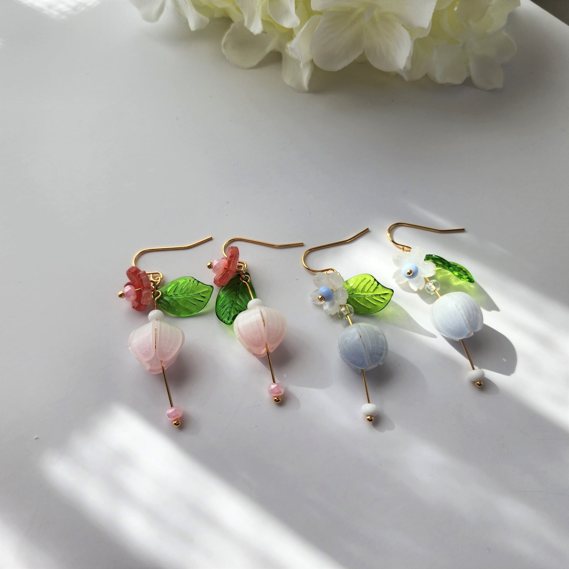 Soft color Flower Earrings, Flower and flower bud earrings, Floral Spring Earrings, Bridesmaid Earrings, Unique Bridal Party Earrings