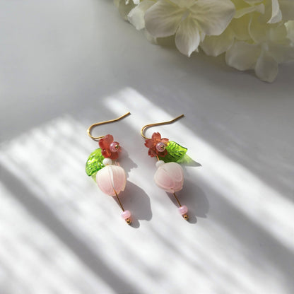 Soft color Flower Earrings, Flower and flower bud earrings, Floral Spring Earrings, Bridesmaid Earrings, Unique Bridal Party Earrings