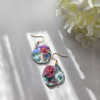 Water lily lotus earrings, floating lily pad and lotus dangle earrings, Lotus flowers on leaf, flower earrings, floral earrings, for her